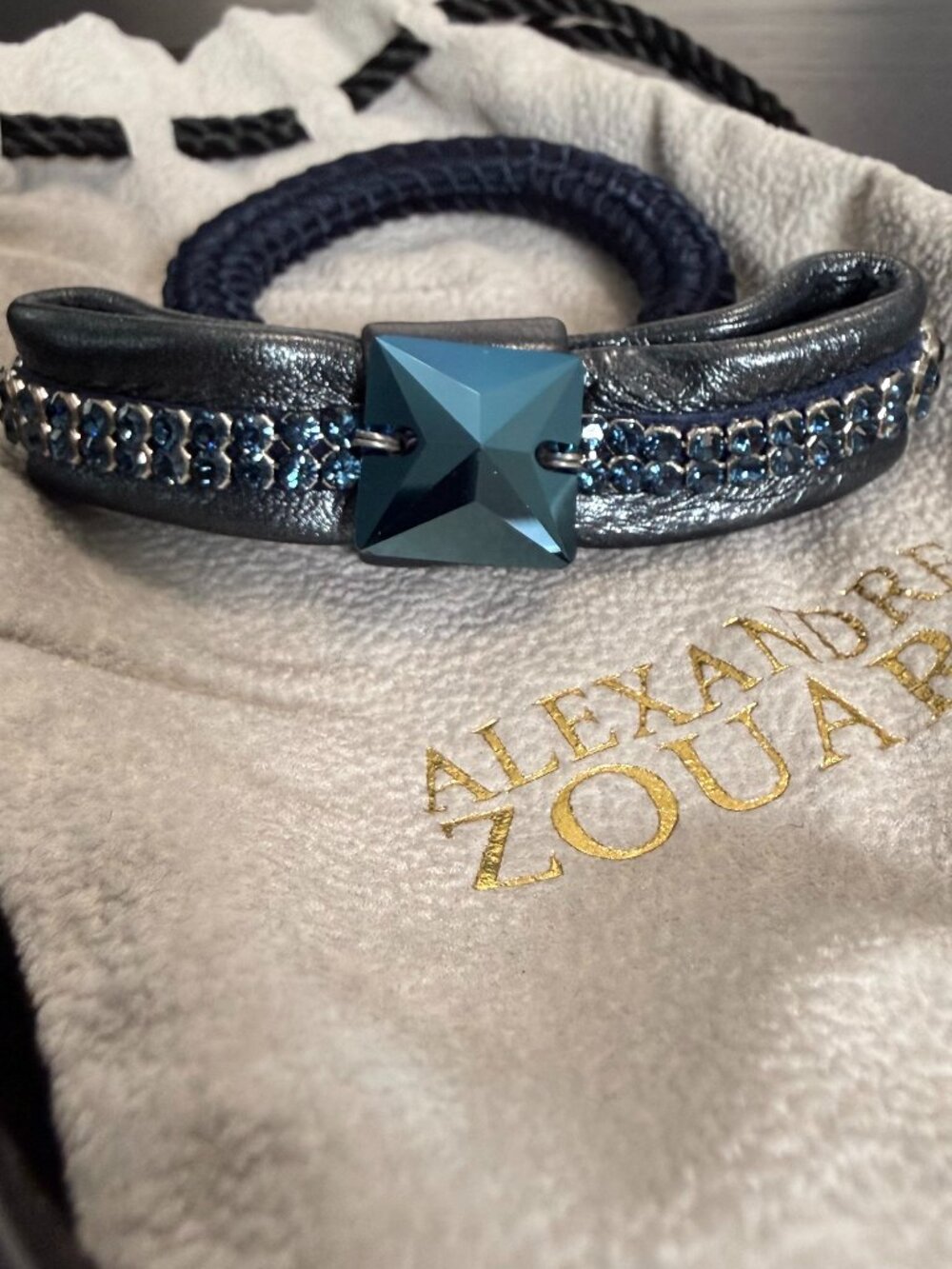 C$225 Retail Alexandre Zouari Montana Blue Crystal Pyramid Leather Hair Tie